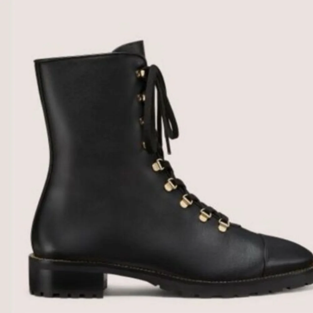 Stuart Weitzman Black Combat Boots with Gold Accents - Picture 3 of 4